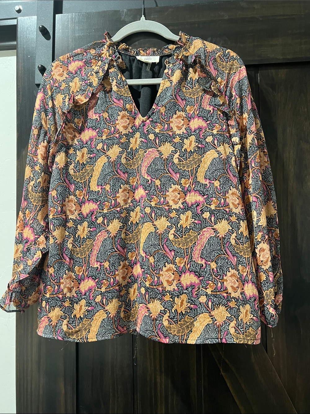 Woven Floral V-Neck Blouse - Black, Tan, Pink & Sparse Gold Thread